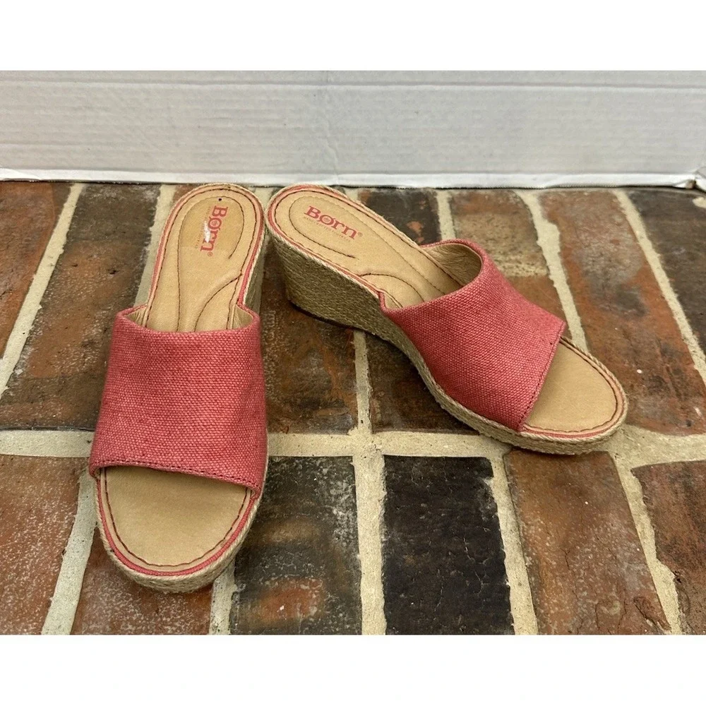 Born Red Canvas Espadrille Sandals High Jute Wedge Heel Open Toe Women's 8